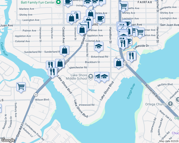 map of restaurants, bars, coffee shops, grocery stores, and more near 2432 Bayview Road in Jacksonville
