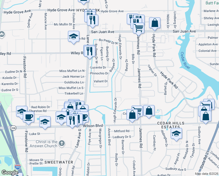 map of restaurants, bars, coffee shops, grocery stores, and more near 2414 Hugh Edwards Drive in Jacksonville
