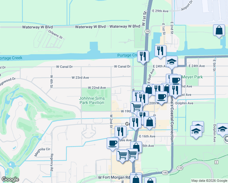 map of restaurants, bars, coffee shops, grocery stores, and more near 2200 West 2nd Street in Gulf Shores