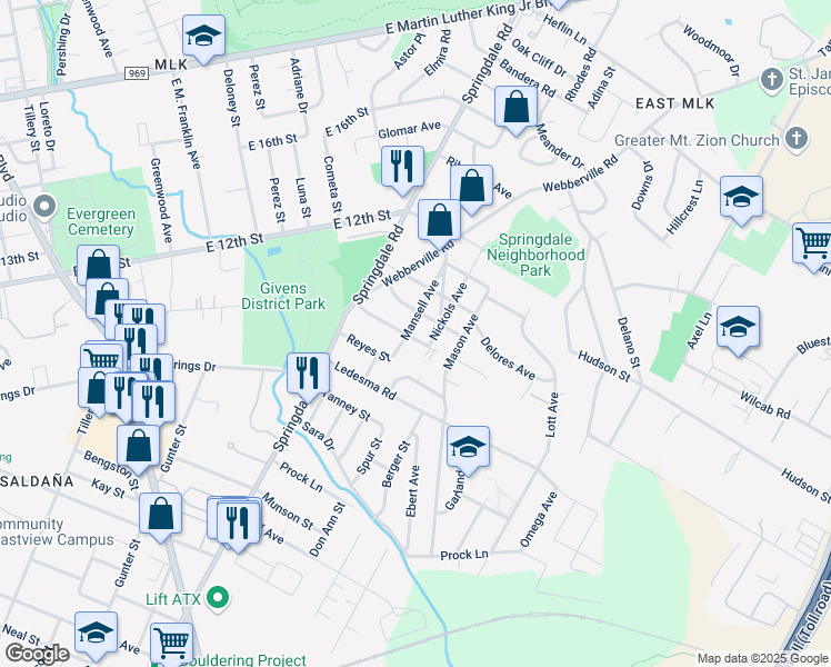 map of restaurants, bars, coffee shops, grocery stores, and more near 4900 Santa Anna Street in Austin