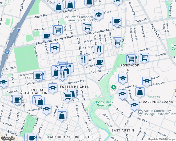 map of restaurants, bars, coffee shops, grocery stores, and more near 2300 East 12th Street in Austin
