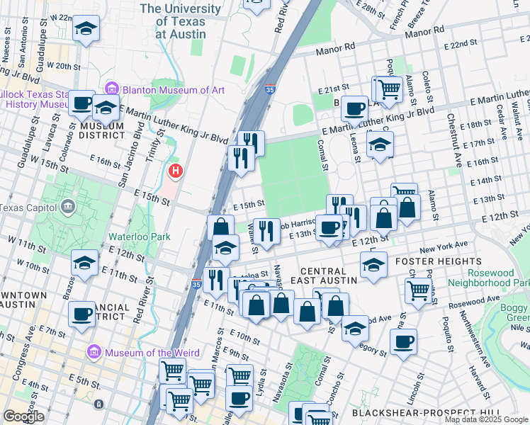 map of restaurants, bars, coffee shops, grocery stores, and more near 1204 Bob Harrison Street in Austin