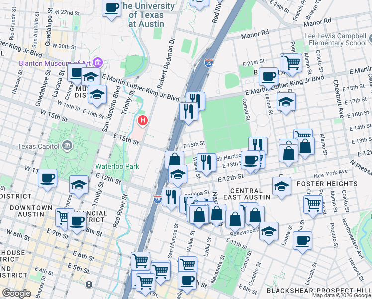 map of restaurants, bars, coffee shops, grocery stores, and more near 910 East 14th Street in Austin