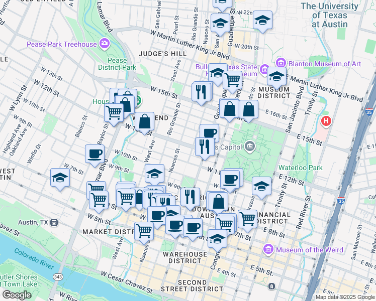 map of restaurants, bars, coffee shops, grocery stores, and more near 516 West 11th Street in Austin