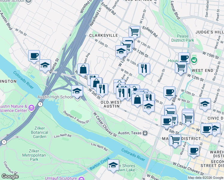 map of restaurants, bars, coffee shops, grocery stores, and more near 1513 West 6th Street in Austin