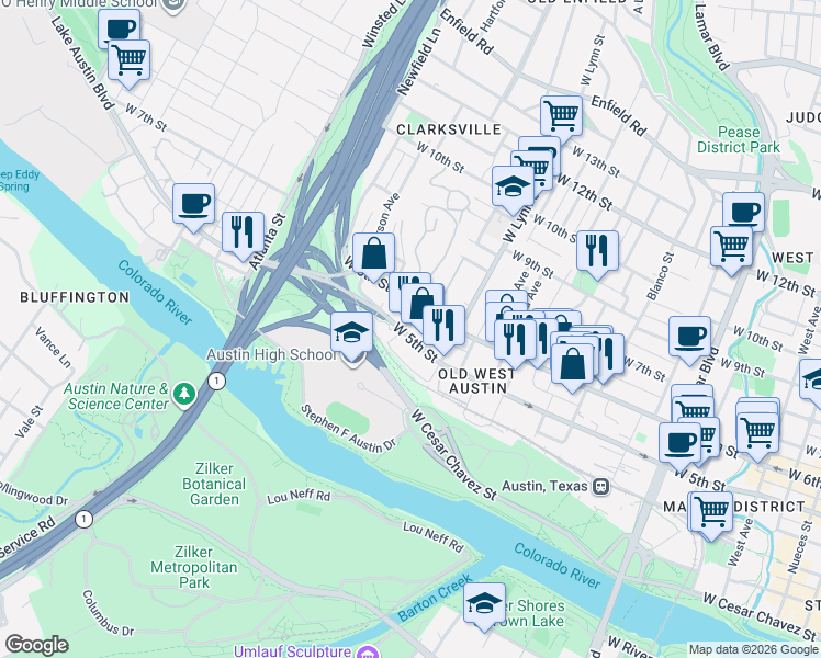 map of restaurants, bars, coffee shops, grocery stores, and more near 1612 West 5th Street in Austin