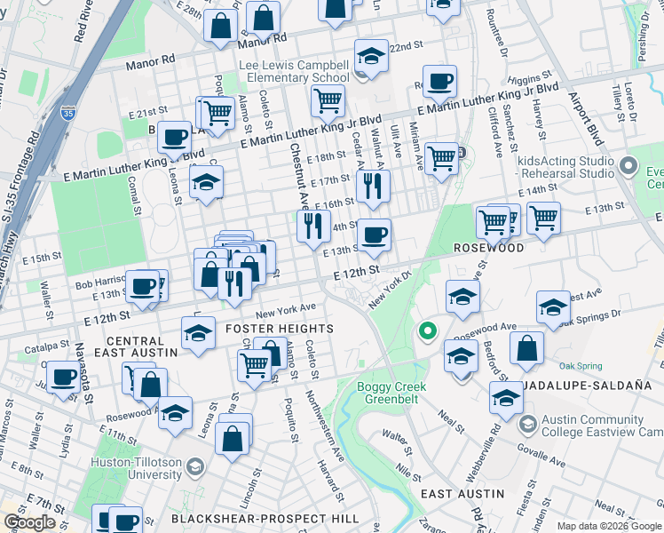 map of restaurants, bars, coffee shops, grocery stores, and more near 2300 East 12th Street in Austin