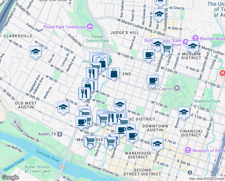 map of restaurants, bars, coffee shops, grocery stores, and more near 1005 West Avenue in Austin