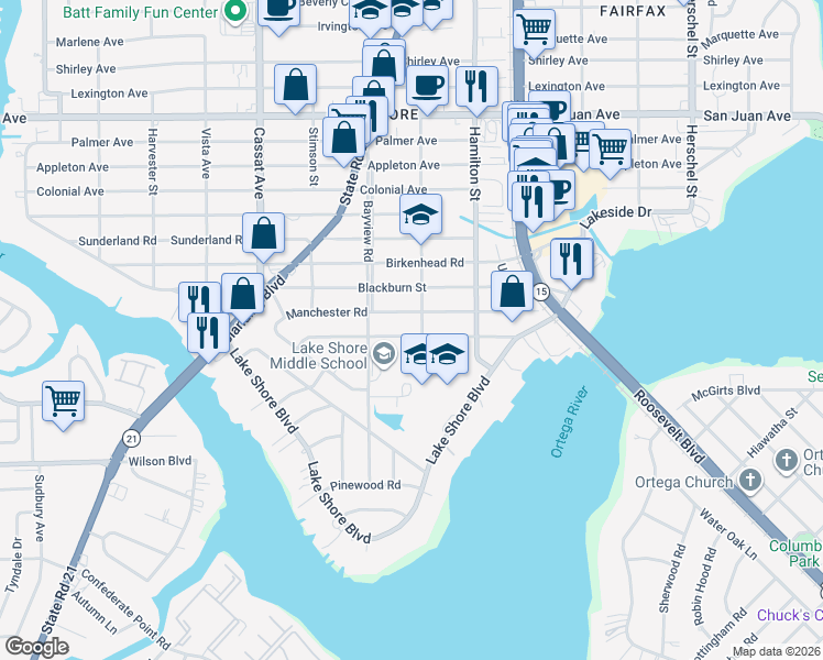 map of restaurants, bars, coffee shops, grocery stores, and more near 4609 Cambridge Road in Jacksonville