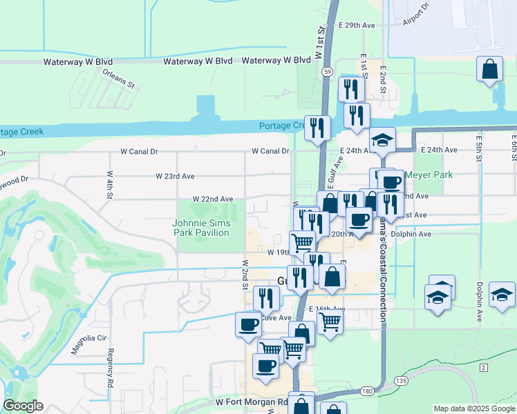 map of restaurants, bars, coffee shops, grocery stores, and more near 2200 West 2nd Street in Gulf Shores