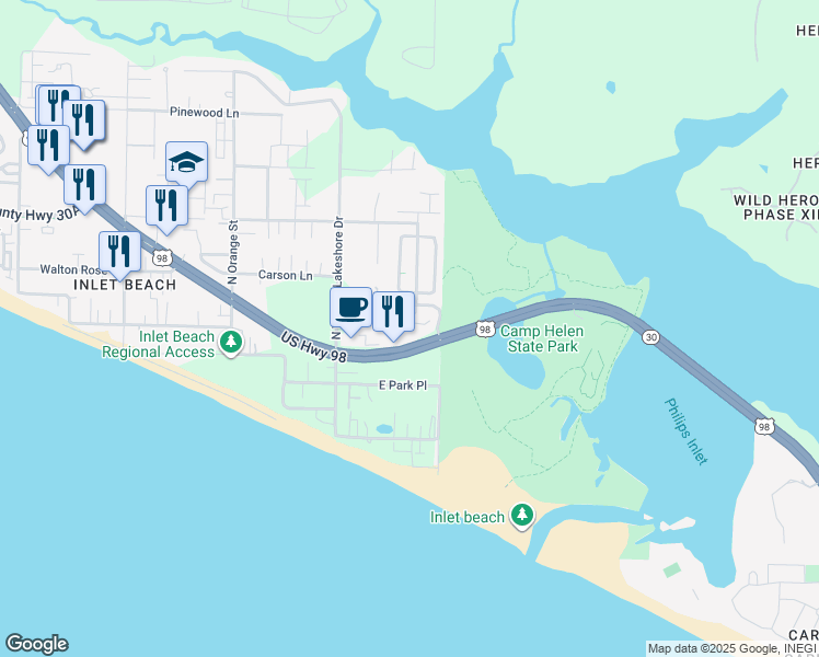 map of restaurants, bars, coffee shops, grocery stores, and more near 64 Grande Pointe Drive in Rosemary Beach