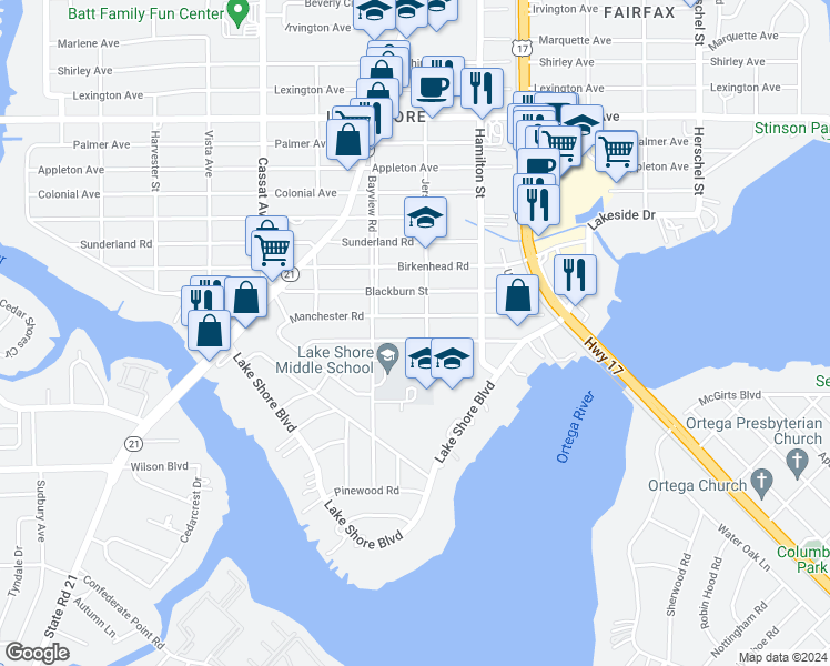 map of restaurants, bars, coffee shops, grocery stores, and more near 4609 Cambridge Road in Jacksonville