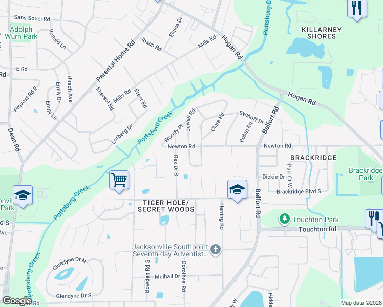 map of restaurants, bars, coffee shops, grocery stores, and more near 2836 Synhoff Drive in Jacksonville