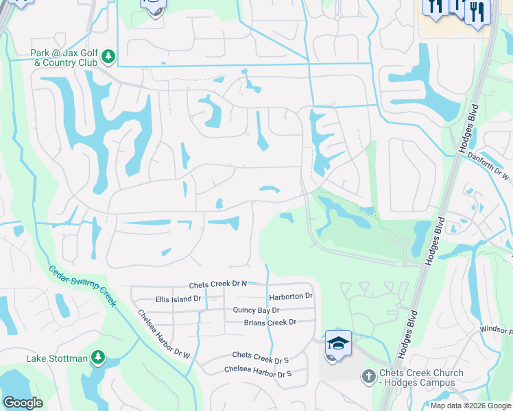 map of restaurants, bars, coffee shops, grocery stores, and more near 13012 Biggin Church Road South in Jacksonville