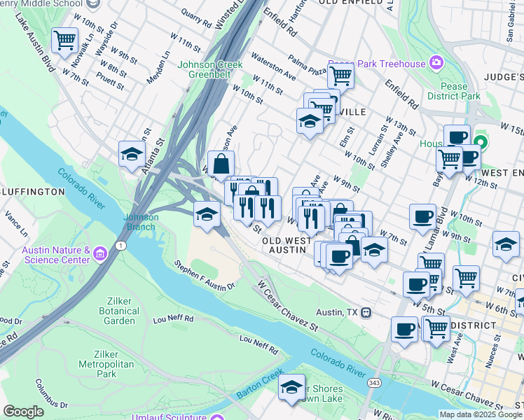 map of restaurants, bars, coffee shops, grocery stores, and more near 1612 West 5th Street in Austin