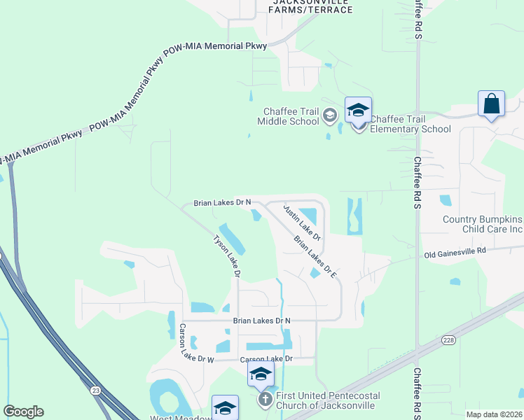 map of restaurants, bars, coffee shops, grocery stores, and more near 2206 Brian Lakes Drive East in Jacksonville