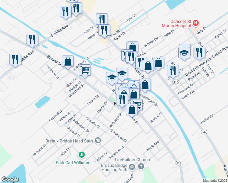 map of restaurants, bars, coffee shops, grocery stores, and more near 100 Martin Street in Breaux Bridge