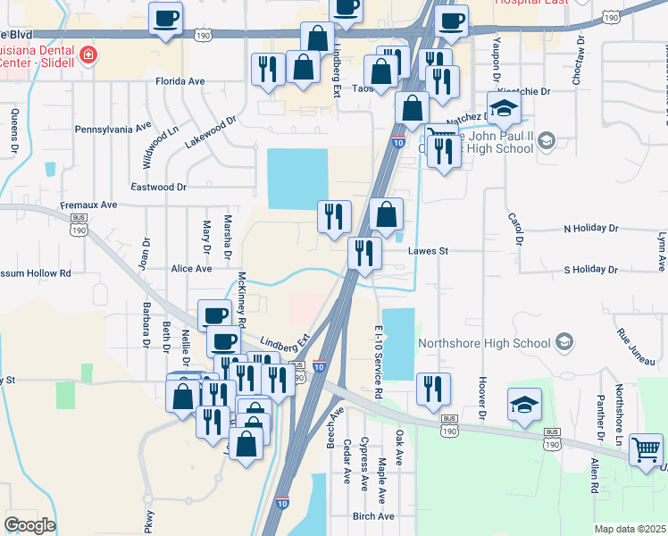 map of restaurants, bars, coffee shops, grocery stores, and more near 1600 Lindberg Drive in Slidell