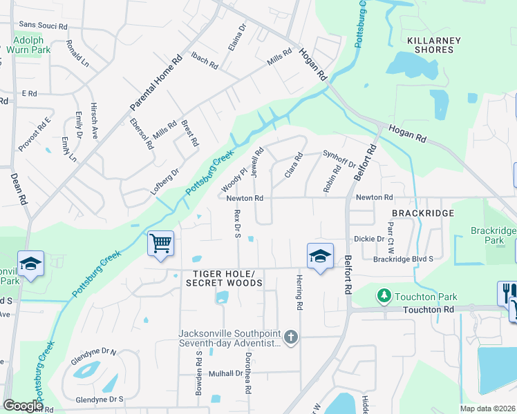 map of restaurants, bars, coffee shops, grocery stores, and more near 2836 Synhoff Drive in Jacksonville