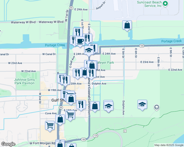 map of restaurants, bars, coffee shops, grocery stores, and more near 2200 East 2nd Street in Gulf Shores