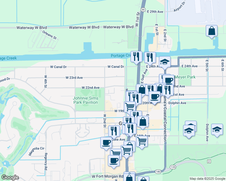 map of restaurants, bars, coffee shops, grocery stores, and more near 2149 West 1st Street in Gulf Shores