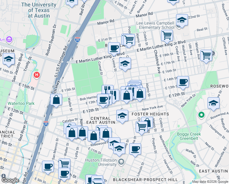 map of restaurants, bars, coffee shops, grocery stores, and more near 1504 East 13th Street in Austin