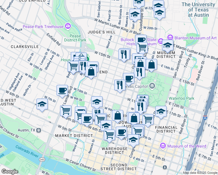 map of restaurants, bars, coffee shops, grocery stores, and more near 516 West 11th Street in Austin