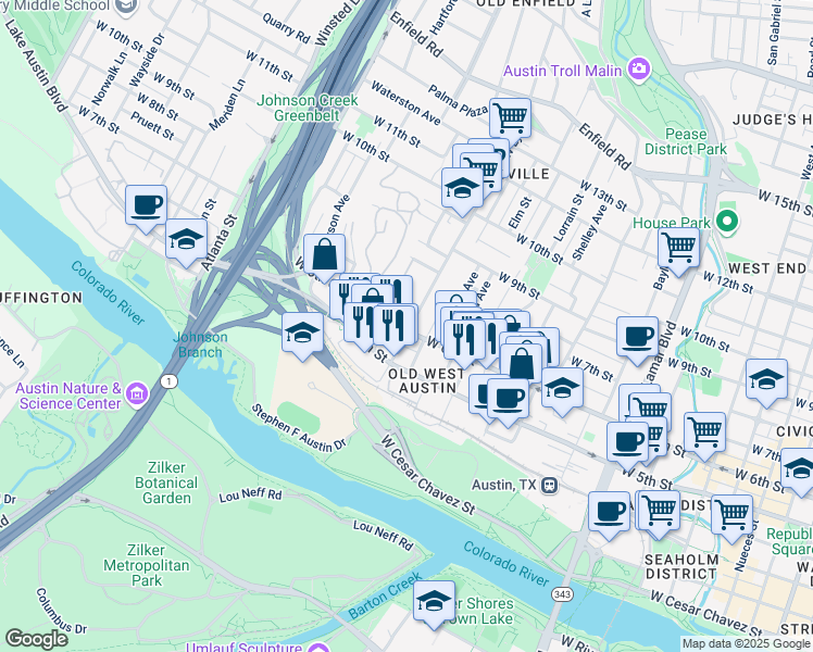 map of restaurants, bars, coffee shops, grocery stores, and more near 1513 West 6th Street in Austin
