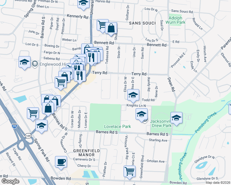 map of restaurants, bars, coffee shops, grocery stores, and more near 2830 Sack Drive East in Jacksonville