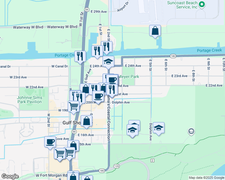 map of restaurants, bars, coffee shops, grocery stores, and more near 2200 East 2nd Street in Gulf Shores