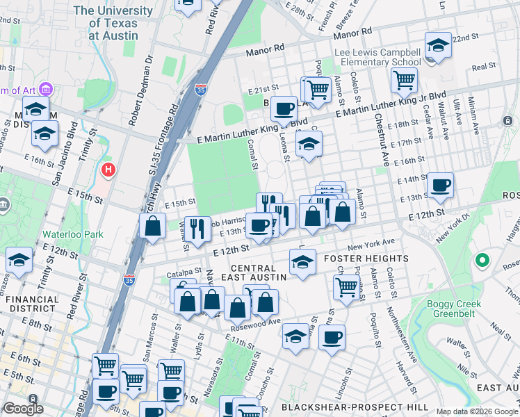 map of restaurants, bars, coffee shops, grocery stores, and more near 1310 Comal Street in Austin