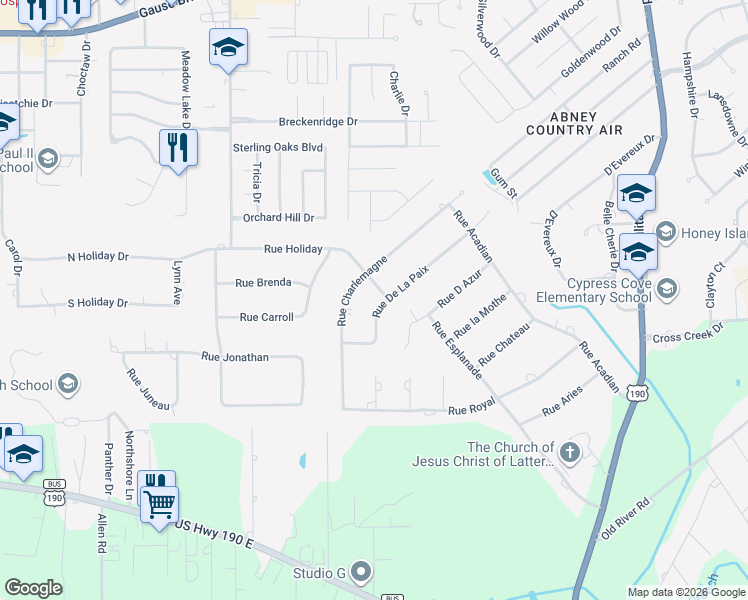 map of restaurants, bars, coffee shops, grocery stores, and more near 113 Rue De La Paix in Slidell