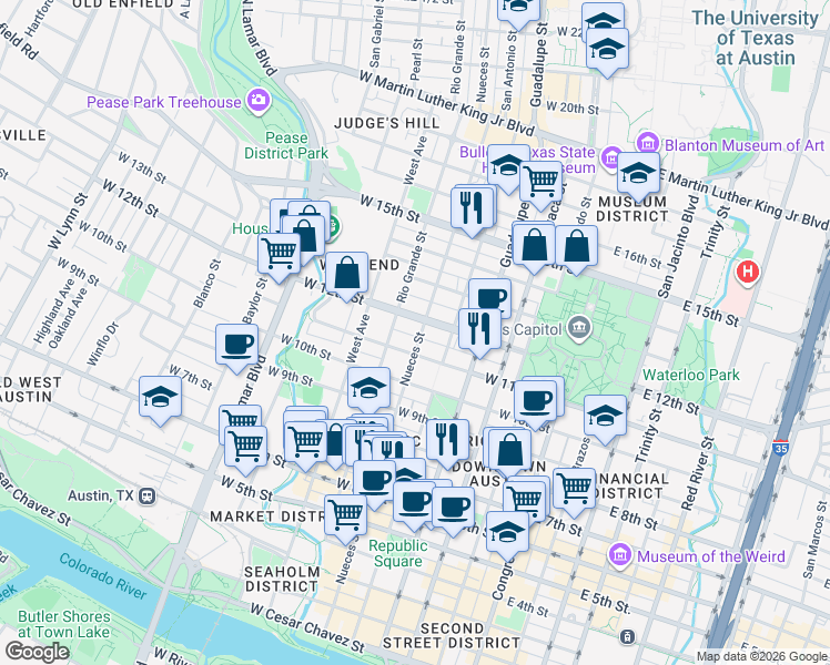 map of restaurants, bars, coffee shops, grocery stores, and more near 516 West 11th Street in Austin