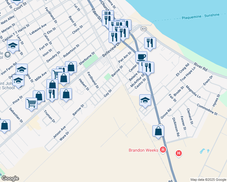 map of restaurants, bars, coffee shops, grocery stores, and more near 58115 Gay Street in Plaquemine