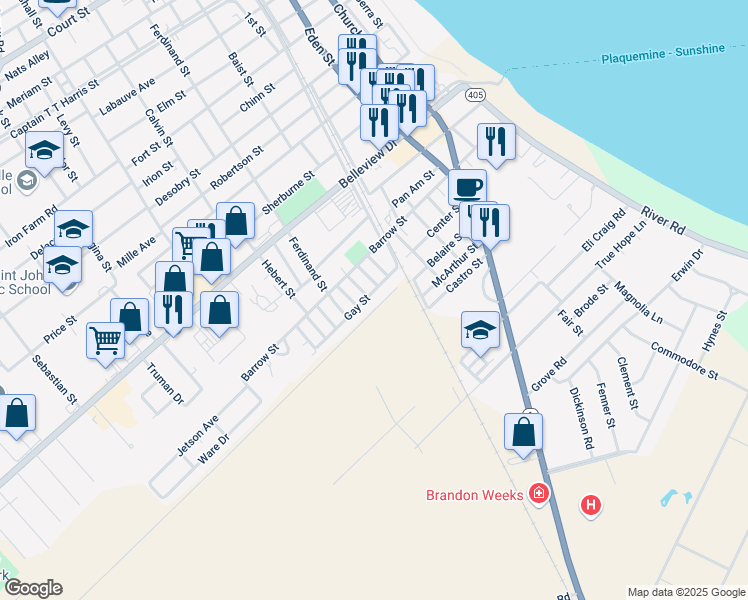 map of restaurants, bars, coffee shops, grocery stores, and more near 58115 Gay Street in Plaquemine