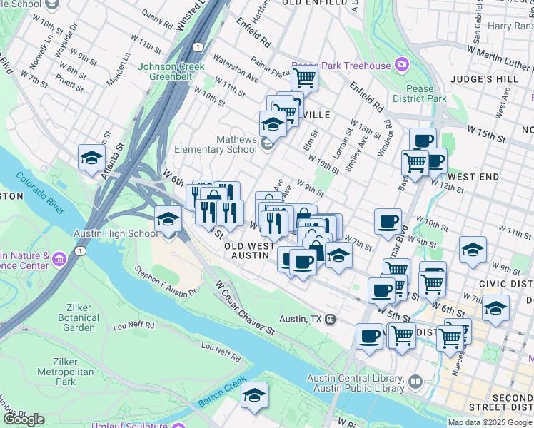 map of restaurants, bars, coffee shops, grocery stores, and more near West 6th 1/2 Street in Austin