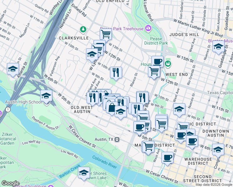 map of restaurants, bars, coffee shops, grocery stores, and more near 1214 West 8th Street in Austin