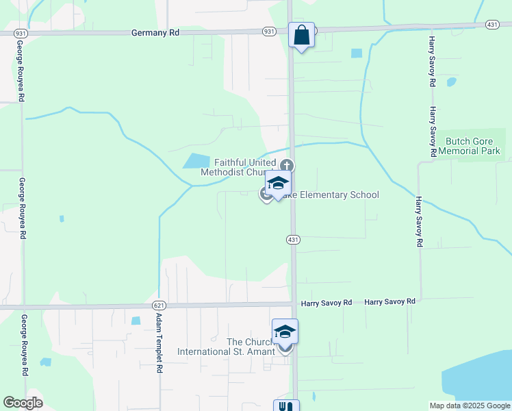map of restaurants, bars, coffee shops, grocery stores, and more near 14185 Louisiana 431 in Gonzales