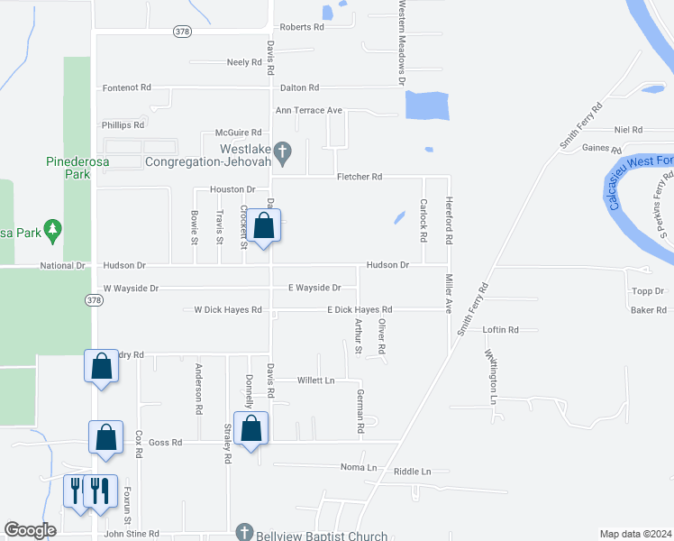 map of restaurants, bars, coffee shops, grocery stores, and more near 2913 Hudson Drive in Westlake