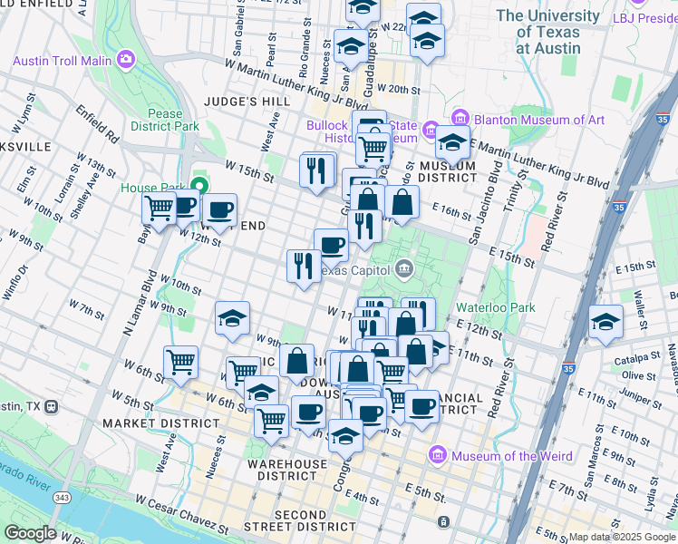 map of restaurants, bars, coffee shops, grocery stores, and more near 316 West 12th Street in Austin