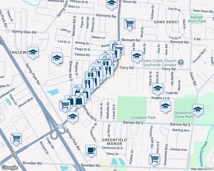 map of restaurants, bars, coffee shops, grocery stores, and more near 5845 Mount Carmel Terrace in Jacksonville