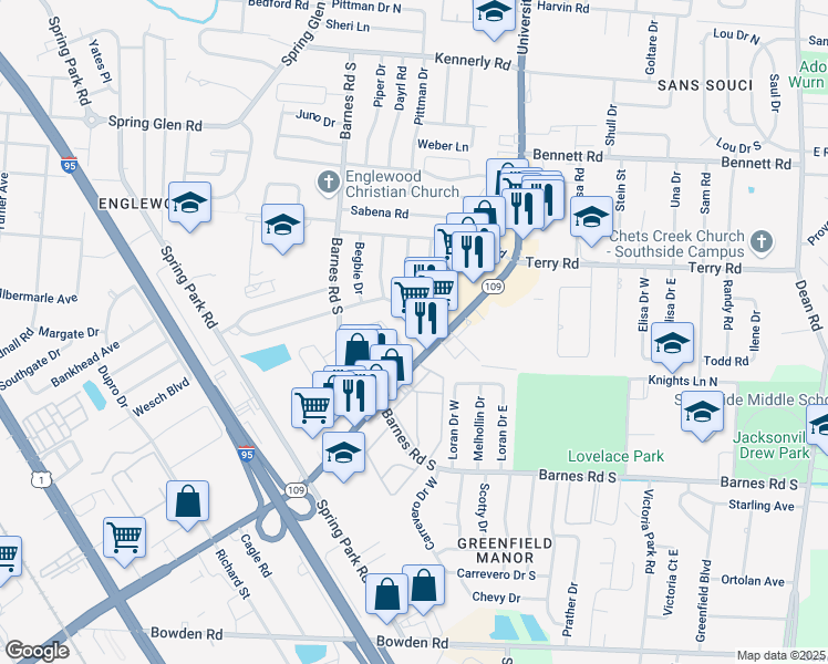map of restaurants, bars, coffee shops, grocery stores, and more near 5676 Santa Monica Boulevard South in Jacksonville