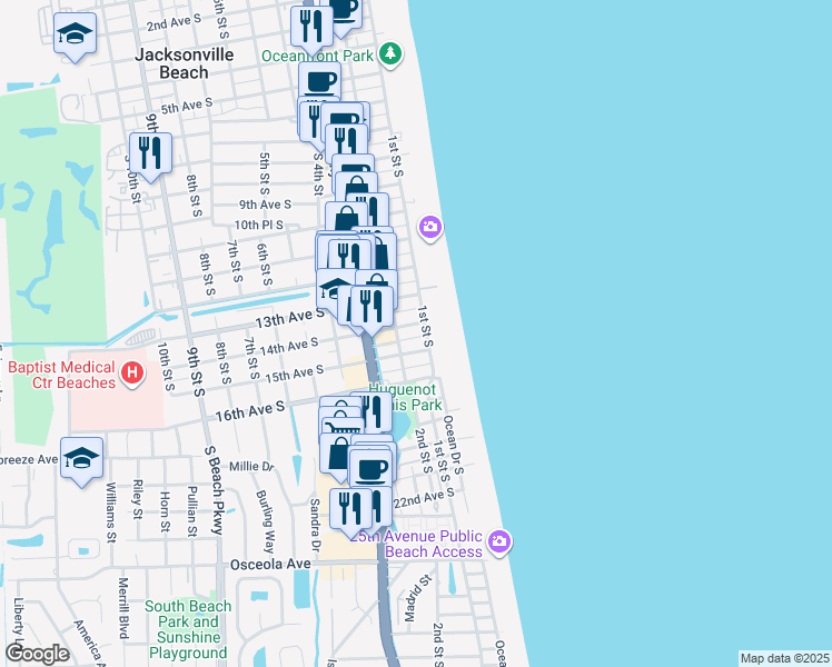 map of restaurants, bars, coffee shops, grocery stores, and more near 1512 15th Avenue South in Jacksonville Beach