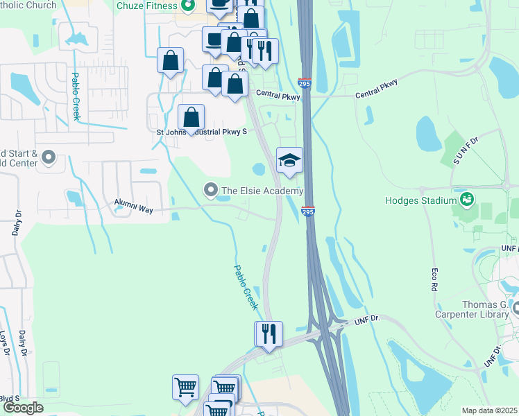 map of restaurants, bars, coffee shops, grocery stores, and more near 11250 Alumni Way in Jacksonville