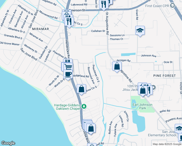 map of restaurants, bars, coffee shops, grocery stores, and more near 4509 Rosewood Avenue in Jacksonville