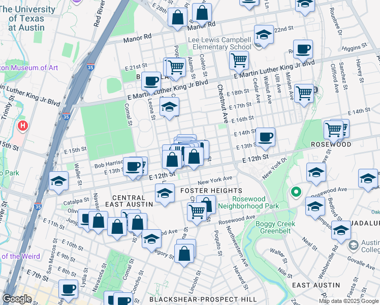 map of restaurants, bars, coffee shops, grocery stores, and more near 1212 Poquito Street in Austin
