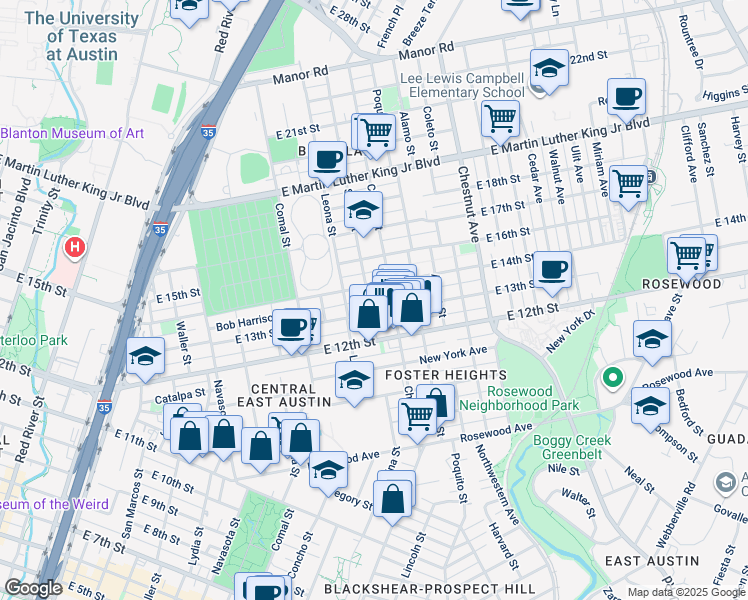 map of restaurants, bars, coffee shops, grocery stores, and more near 1805 East 13th Street in Austin