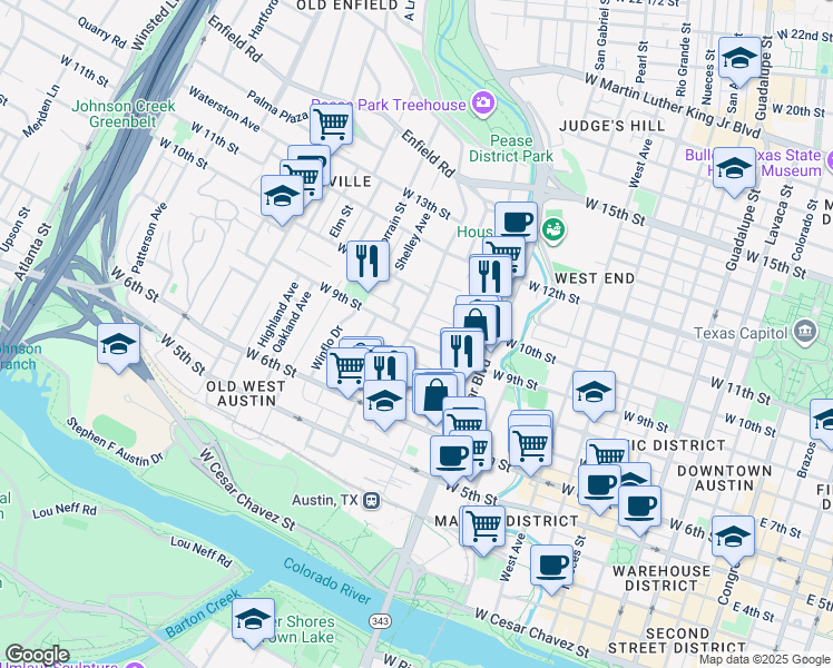 map of restaurants, bars, coffee shops, grocery stores, and more near 1111 West 9th Street in Austin