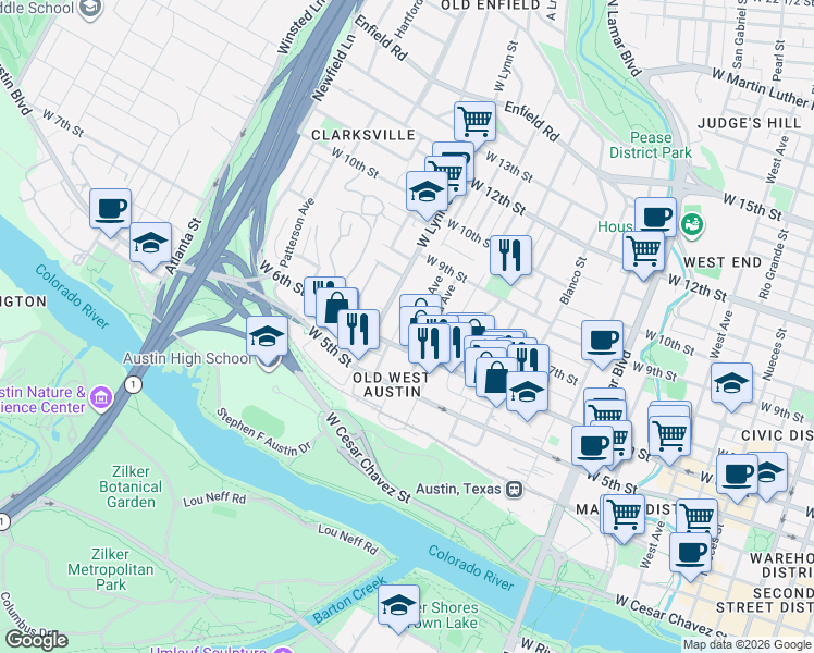 map of restaurants, bars, coffee shops, grocery stores, and more near 1410 West 6th Street in Austin