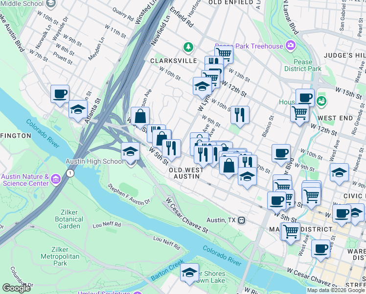 map of restaurants, bars, coffee shops, grocery stores, and more near 1513 West 6th Street in Austin
